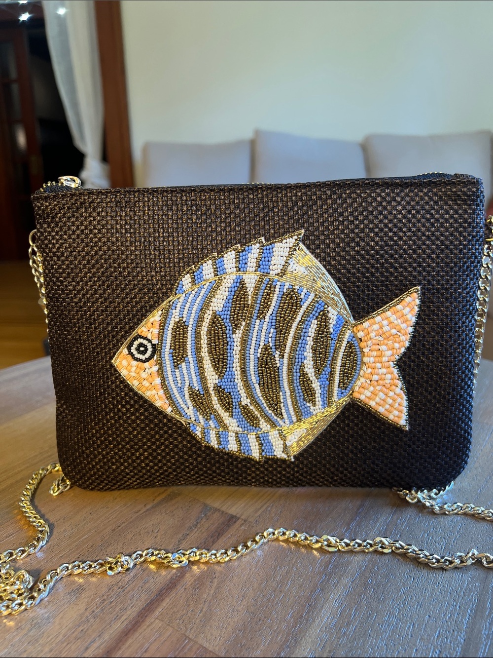 Beaded Fish Crossbody Bag - Black with Blue & Orange Fish Accent